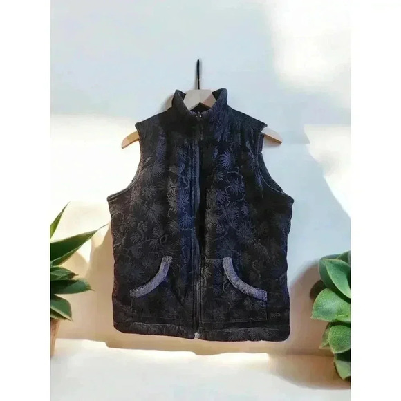Columbia Black Velvet Fleece Floral Womans Reversible Vest Zip - Picture 1 of 6
